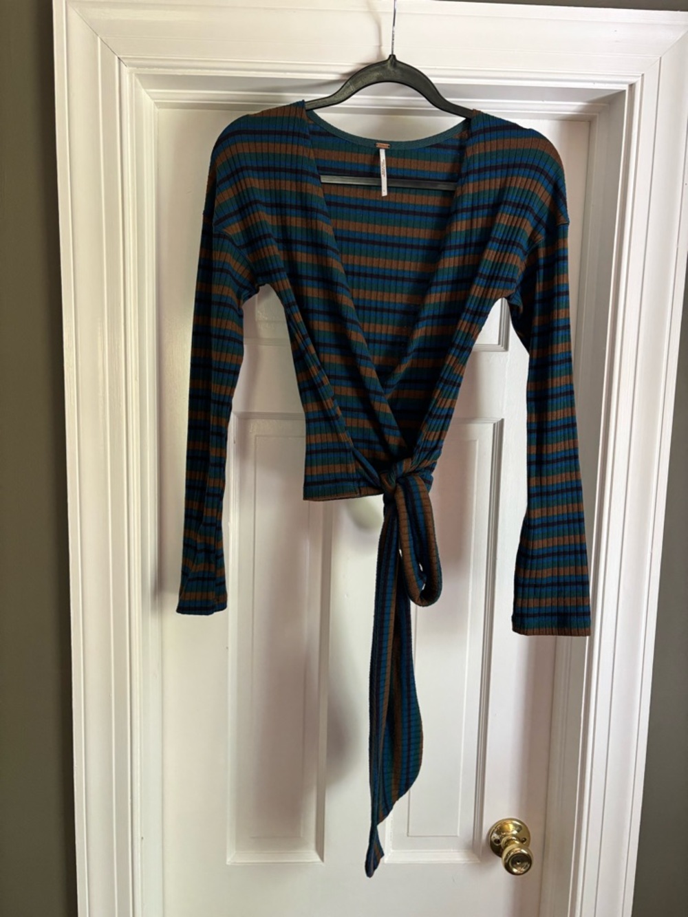 Free people Striped Wrap Tie-Front Long Sleeve Top - Teal & Brown